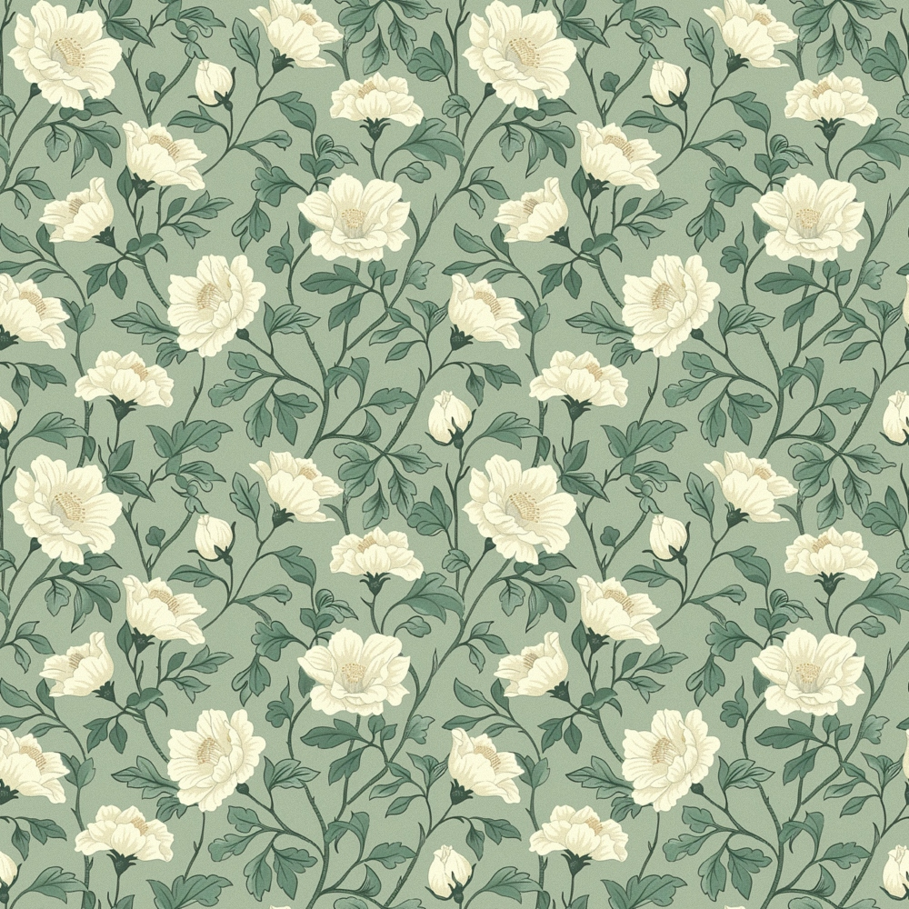 sage green, cream white, floral pattern, botanical design, blooming flowers, leafy vines, vintage style, repeating motif,, fabric panel, garden flowers, nature inspired, soft pastels, romantic florals, heritage pattern, delicate blooms, organic shapes, seamless repeat, muted tones, cottage garden