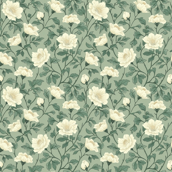 sage green, cream white, floral pattern, botanical design, blooming flowers, leafy vines, vintage style, repeating motif,, fabric panel, garden flowers, nature inspired, soft pastels, romantic florals, heritage pattern, delicate blooms, organic shapes, seamless repeat, muted tones, cottage garden