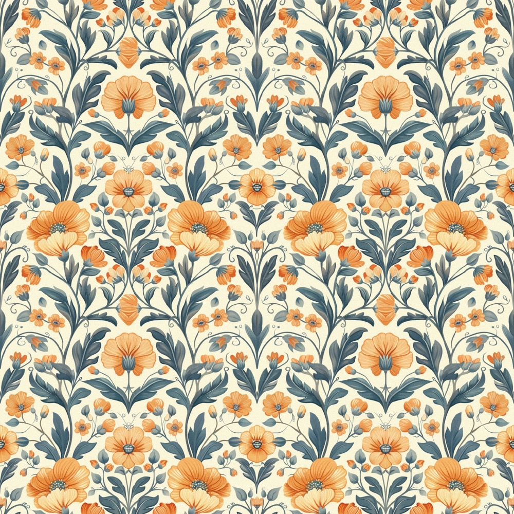 orange flowers, blue-gray leaves, floral pattern, botanical design, repeating motif, cream background, peach blooms, vintage style,, fabric panel, damask pattern, ornate florals, heritage design, decorative vines, curling tendrils, symmetrical layout, garden flowers, textile design, cotton fabric