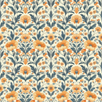 orange flowers, blue-gray leaves, floral pattern, botanical design, repeating motif, cream background, peach blooms, vintage style,, fabric panel, damask pattern, ornate florals, heritage design, decorative vines, curling tendrils, symmetrical layout, garden flowers, textile design, cotton fabric