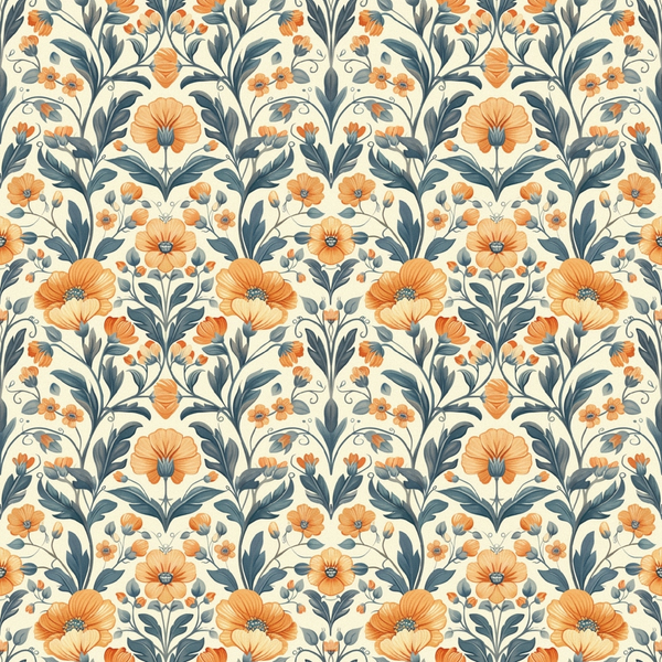 orange flowers, blue-gray leaves, floral pattern, botanical design, repeating motif, cream background, peach blooms, vintage style,, fabric panel, damask pattern, ornate florals, heritage design, decorative vines, curling tendrils, symmetrical layout, garden flowers, textile design, cotton fabric