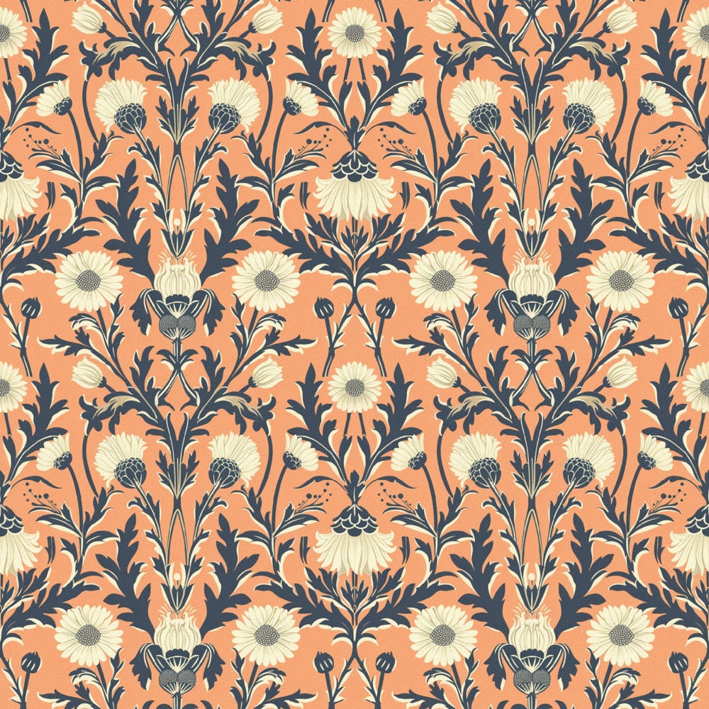 coral background, cream flowers, navy blue stems, floral pattern, botanical design, heritage style,, fabric panel, daisy blooms, ornate leaves, vintage motif, repeating pattern, warm orange, decorative florals, textile design, crafting material, sewing fabric, garden theme, intricate details, soft petals