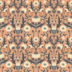 coral background, cream flowers, navy blue stems, floral pattern, botanical design, heritage style,, fabric panel, daisy blooms, ornate leaves, vintage motif, repeating pattern, warm orange, decorative florals, textile design, crafting material, sewing fabric, garden theme, intricate details, soft petals