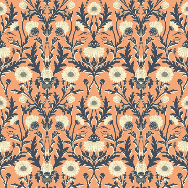 coral background, cream flowers, navy blue stems, floral pattern, botanical design, heritage style,, fabric panel, daisy blooms, ornate leaves, vintage motif, repeating pattern, warm orange, decorative florals, textile design, crafting material, sewing fabric, garden theme, intricate details, soft petals