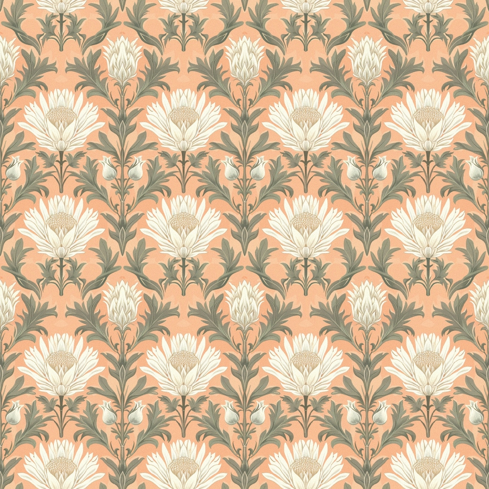 peach background, sage green, cream white, floral motif, thistle flowers, botanical pattern, damask style, ornate design,, fabric panel, repeating pattern, vintage inspired, elegant florals, soft pastels, decorative blooms, nature motifs, symmetrical design, crafting fabric, sewing material