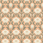 peach background, sage green, cream white, floral motif, thistle flowers, botanical pattern, damask style, ornate design,, fabric panel, repeating pattern, vintage inspired, elegant florals, soft pastels, decorative blooms, nature motifs, symmetrical design, crafting fabric, sewing material