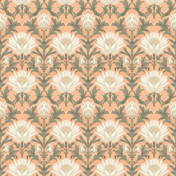 peach background, sage green, cream white, floral motif, thistle flowers, botanical pattern, damask style, ornate design,, fabric panel, repeating pattern, vintage inspired, elegant florals, soft pastels, decorative blooms, nature motifs, symmetrical design, crafting fabric, sewing material