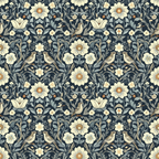 navy blue, cream flowers, birds, botanical pattern,, fabric panel, floral design, nature motif, vintage style, ornate leaves, garden birds, repeating pattern, heritage design, folk art, decorative florals, intricate details, soft colors, spring theme, textile art