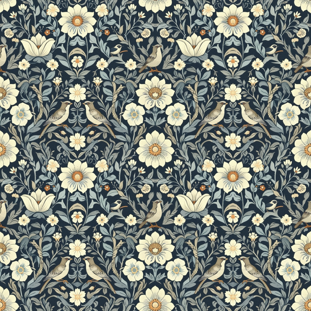 navy blue, cream flowers, birds, botanical pattern,, fabric panel, floral design, nature motif, vintage style, ornate leaves, garden birds, repeating pattern, heritage design, folk art, decorative florals, intricate details, soft colors, spring theme, textile art