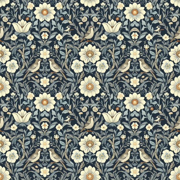 navy blue, cream flowers, birds, botanical pattern,, fabric panel, floral design, nature motif, vintage style, ornate leaves, garden birds, repeating pattern, heritage design, folk art, decorative florals, intricate details, soft colors, spring theme, textile art