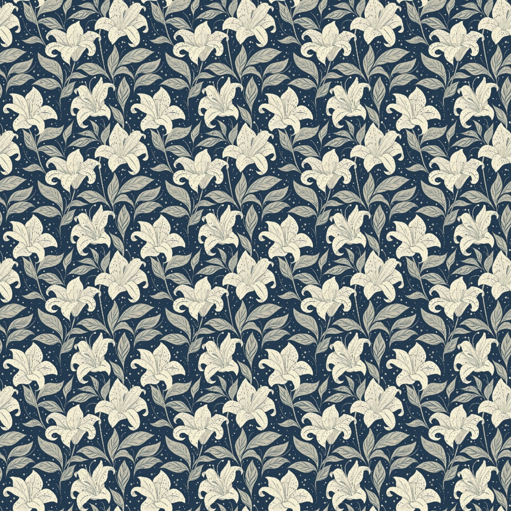 navy blue, cream white, beige, floral pattern, lily flowers, botanical design, leaves, foliage, repeating pattern,, fabric panel, vintage style, elegant motif, garden flowers, textured petals, seamless repeat, decorative florals, cottage style, muted tones