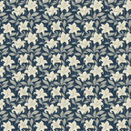 navy blue, cream white, beige, floral pattern, lily flowers, botanical design, leaves, foliage, repeating pattern,, fabric panel, vintage style, elegant motif, garden flowers, textured petals, seamless repeat, decorative florals, cottage style, muted tones