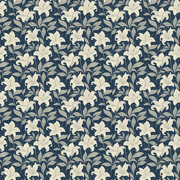 navy blue, cream white, beige, floral pattern, lily flowers, botanical design, leaves, foliage, repeating pattern,, fabric panel, vintage style, elegant motif, garden flowers, textured petals, seamless repeat, decorative florals, cottage style, muted tones