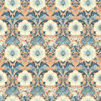 coral, sage green, cream, navy blue, floral pattern, vintage flowers, large blooms, ornate design, botanical motif, repeating pattern,, fabric panel, heritage style, decorative flowers, intricate petals, garden theme, flowing vines, artistic florals, textile design, damask style
