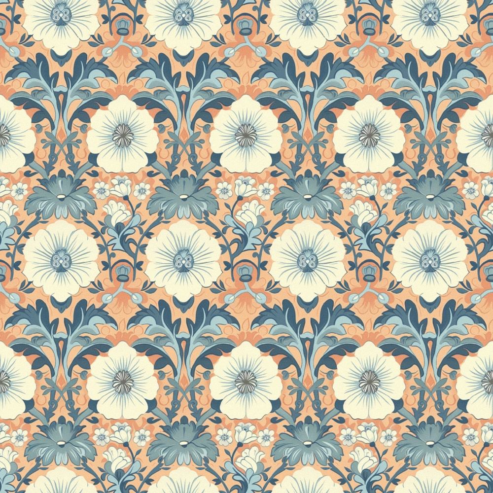 coral, sage green, cream, navy blue, floral pattern, vintage flowers, large blooms, ornate design, botanical motif, repeating pattern,, fabric panel, heritage style, decorative flowers, intricate petals, garden theme, flowing vines, artistic florals, textile design, damask style