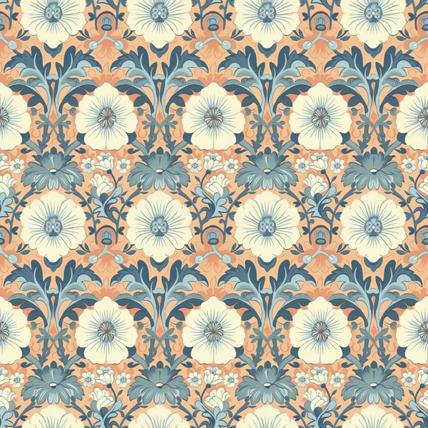 coral, sage green, cream, navy blue, floral pattern, vintage flowers, large blooms, ornate design, botanical motif, repeating pattern,, fabric panel, heritage style, decorative flowers, intricate petals, garden theme, flowing vines, artistic florals, textile design, damask style