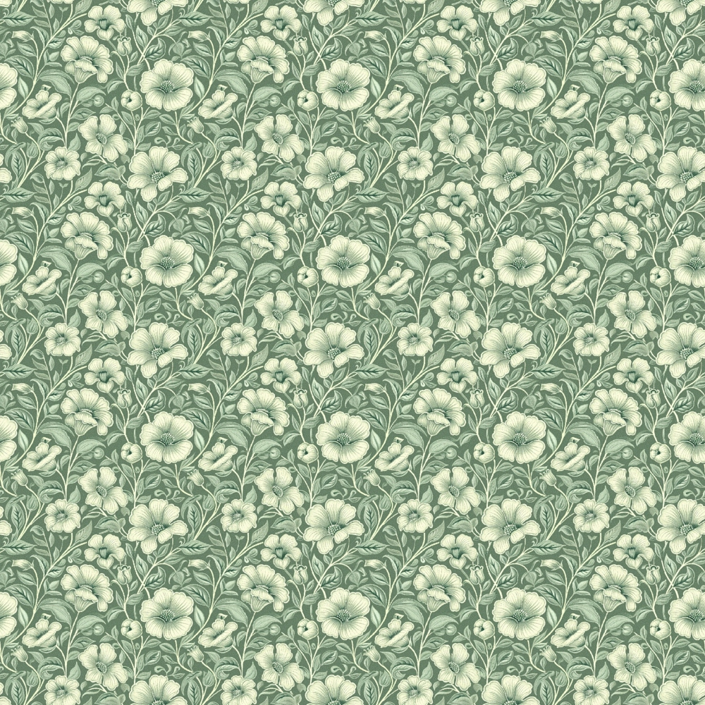 sage green, cream, floral pattern, botanical design, vintage flowers, repeating motif, five-petal blooms, leafy vines, intricate details,, fabric panel, heritage style, muted tones, garden theme, ornate florals, textile design, soft palette, decorative flowers, nature inspired