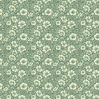 sage green, cream, floral pattern, botanical design, vintage flowers, repeating motif, five-petal blooms, leafy vines, intricate details,, fabric panel, heritage style, muted tones, garden theme, ornate florals, textile design, soft palette, decorative flowers, nature inspired