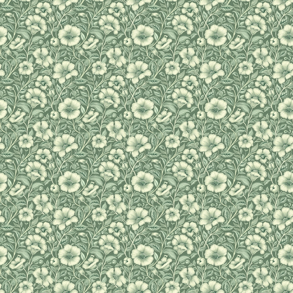 sage green, cream, floral pattern, botanical design, vintage flowers, repeating motif, five-petal blooms, leafy vines, intricate details,, fabric panel, heritage style, muted tones, garden theme, ornate florals, textile design, soft palette, decorative flowers, nature inspired