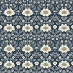 navy blue, cream white, sage green, floral pattern, daisy flowers, botanical design, repeating motif, vintage style,, fabric panel, garden theme, petals, leaves, stems, heritage pattern, arts and crafts, william morris inspired, nature motifs, decorative flowers, textile design