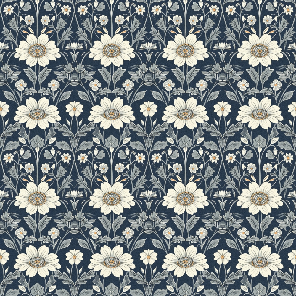 navy blue, cream white, sage green, floral pattern, daisy flowers, botanical design, repeating motif, vintage style,, fabric panel, garden theme, petals, leaves, stems, heritage pattern, arts and crafts, william morris inspired, nature motifs, decorative flowers, textile design