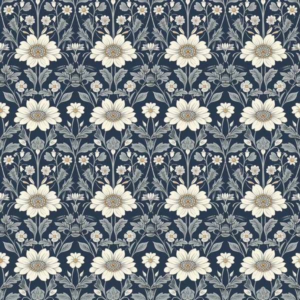 navy blue, cream white, sage green, floral pattern, daisy flowers, botanical design, repeating motif, vintage style,, fabric panel, garden theme, petals, leaves, stems, heritage pattern, arts and crafts, william morris inspired, nature motifs, decorative flowers, textile design