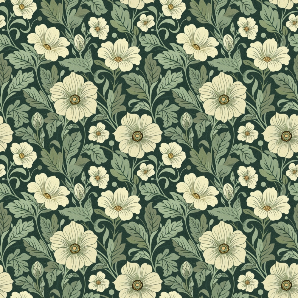 dark green background, cream flowers, sage green leaves, floral pattern, botanical design, repeating motif, vintage style,, fabric panel, garden flowers, ornate blooms, decorative swirls, nature inspired, dusty green, ivory petals, heritage florals, seamless repeat, cotton fabric, quilting material, botanical print
