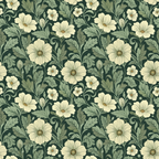 dark green background, cream flowers, sage green leaves, floral pattern, botanical design, repeating motif, vintage style,, fabric panel, garden flowers, ornate blooms, decorative swirls, nature inspired, dusty green, ivory petals, heritage florals, seamless repeat, cotton fabric, quilting material, botanical print