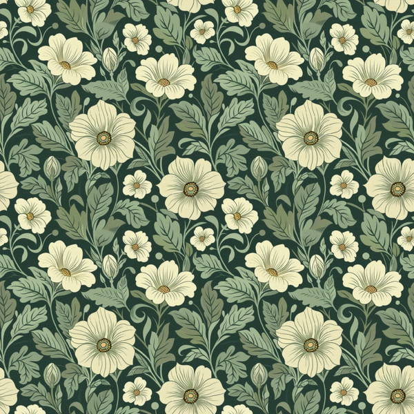 dark green background, cream flowers, sage green leaves, floral pattern, botanical design, repeating motif, vintage style,, fabric panel, garden flowers, ornate blooms, decorative swirls, nature inspired, dusty green, ivory petals, heritage florals, seamless repeat, cotton fabric, quilting material, botanical print