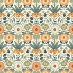 orange flowers, sage green, cream background, floral motifs, botanical pattern, ornate blooms, decorative leaves, vintage style, folk art,, fabric panel, repeating pattern, daisy flowers, intricate design, muted tones, earth colors, symmetrical layout, garden theme, heritage pattern, cotton fabric