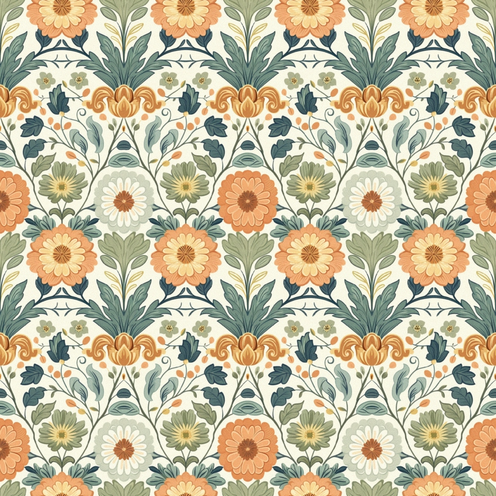 orange flowers, sage green, cream background, floral motifs, botanical pattern, ornate blooms, decorative leaves, vintage style, folk art,, fabric panel, repeating pattern, daisy flowers, intricate design, muted tones, earth colors, symmetrical layout, garden theme, heritage pattern, cotton fabric