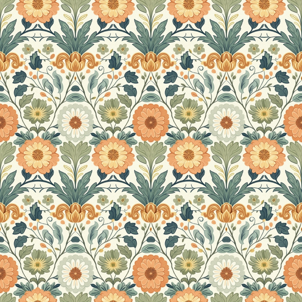 orange flowers, sage green, cream background, floral motifs, botanical pattern, ornate blooms, decorative leaves, vintage style, folk art,, fabric panel, repeating pattern, daisy flowers, intricate design, muted tones, earth colors, symmetrical layout, garden theme, heritage pattern, cotton fabric