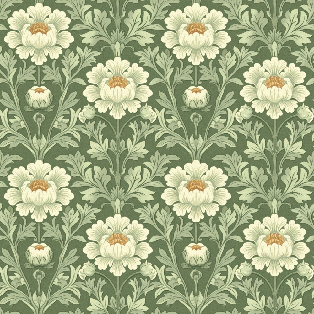 sage green, cream flowers, botanical pattern, damask design, floral motifs, ornate blooms, vintage style, decorative foliage,, fabric panel, repeating pattern, elegant florals, muted palette, stylized petals, heritage pattern, garden theme, nature inspired, soft tones, intricate design, textile art