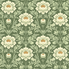 sage green, cream flowers, botanical pattern, damask design, floral motifs, ornate blooms, vintage style, decorative foliage,, fabric panel, repeating pattern, elegant florals, muted palette, stylized petals, heritage pattern, garden theme, nature inspired, soft tones, intricate design, textile art