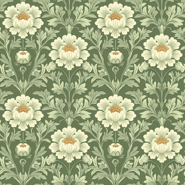 sage green, cream flowers, botanical pattern, damask design, floral motifs, ornate blooms, vintage style, decorative foliage,, fabric panel, repeating pattern, elegant florals, muted palette, stylized petals, heritage pattern, garden theme, nature inspired, soft tones, intricate design, textile art