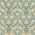 sage green, cream flowers, brown birds, floral pattern, botanical design, vintage style, repeating motif,, fabric panel, nature theme, garden birds, symmetrical layout, soft pastels, heritage pattern, ornate florals, decorative branches, muted tones, romantic florals, cottage style, antique aesthetic