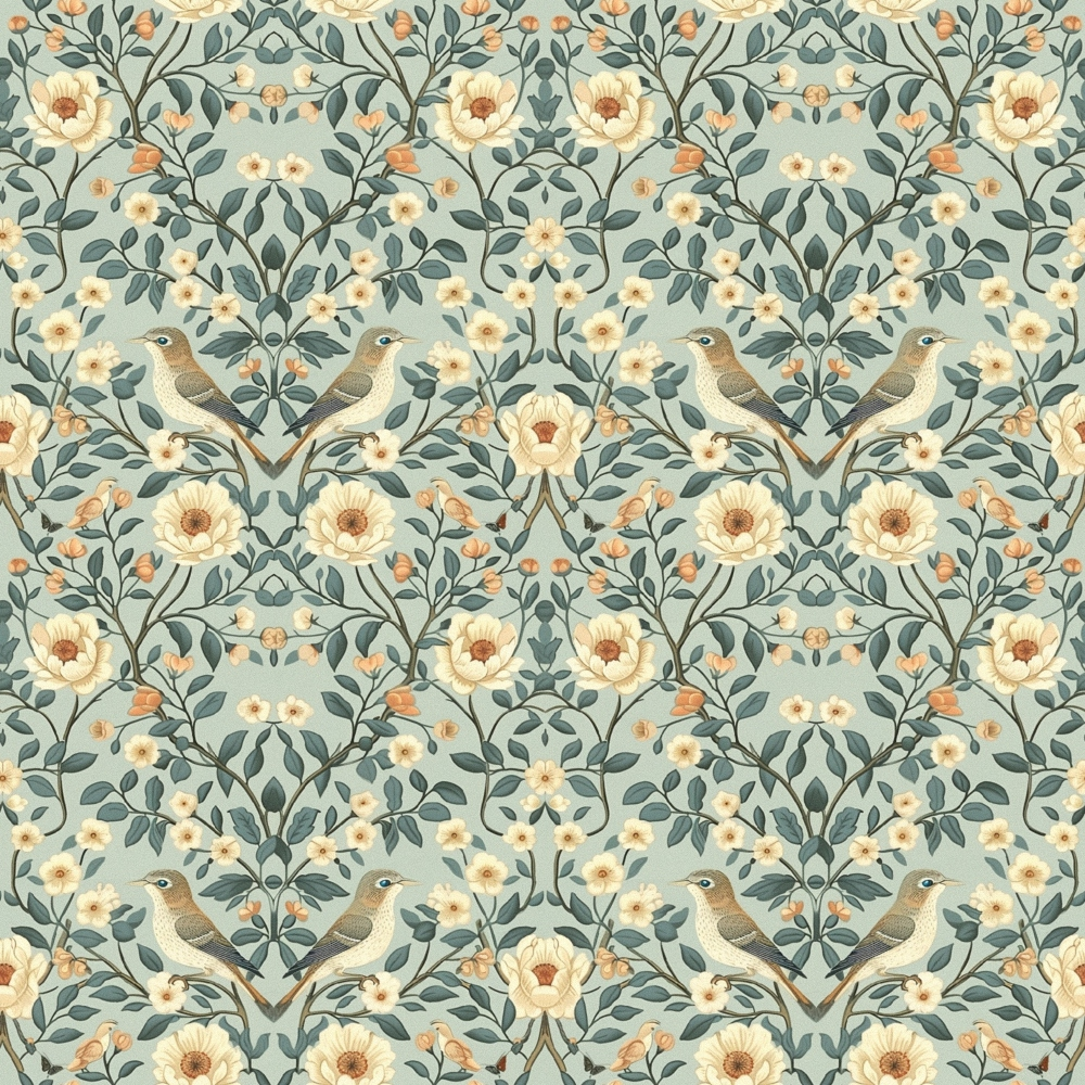 sage green, cream flowers, brown birds, floral pattern, botanical design, vintage style, repeating motif,, fabric panel, nature theme, garden birds, symmetrical layout, soft pastels, heritage pattern, ornate florals, decorative branches, muted tones, romantic florals, cottage style, antique aesthetic