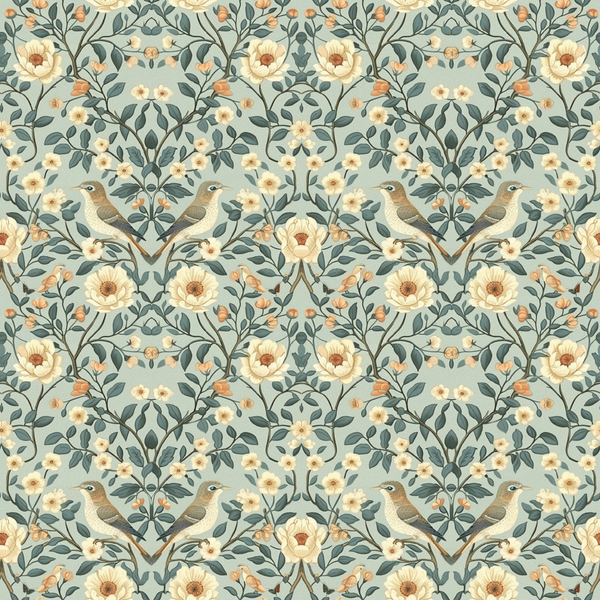 sage green, cream flowers, brown birds, floral pattern, botanical design, vintage style, repeating motif,, fabric panel, nature theme, garden birds, symmetrical layout, soft pastels, heritage pattern, ornate florals, decorative branches, muted tones, romantic florals, cottage style, antique aesthetic