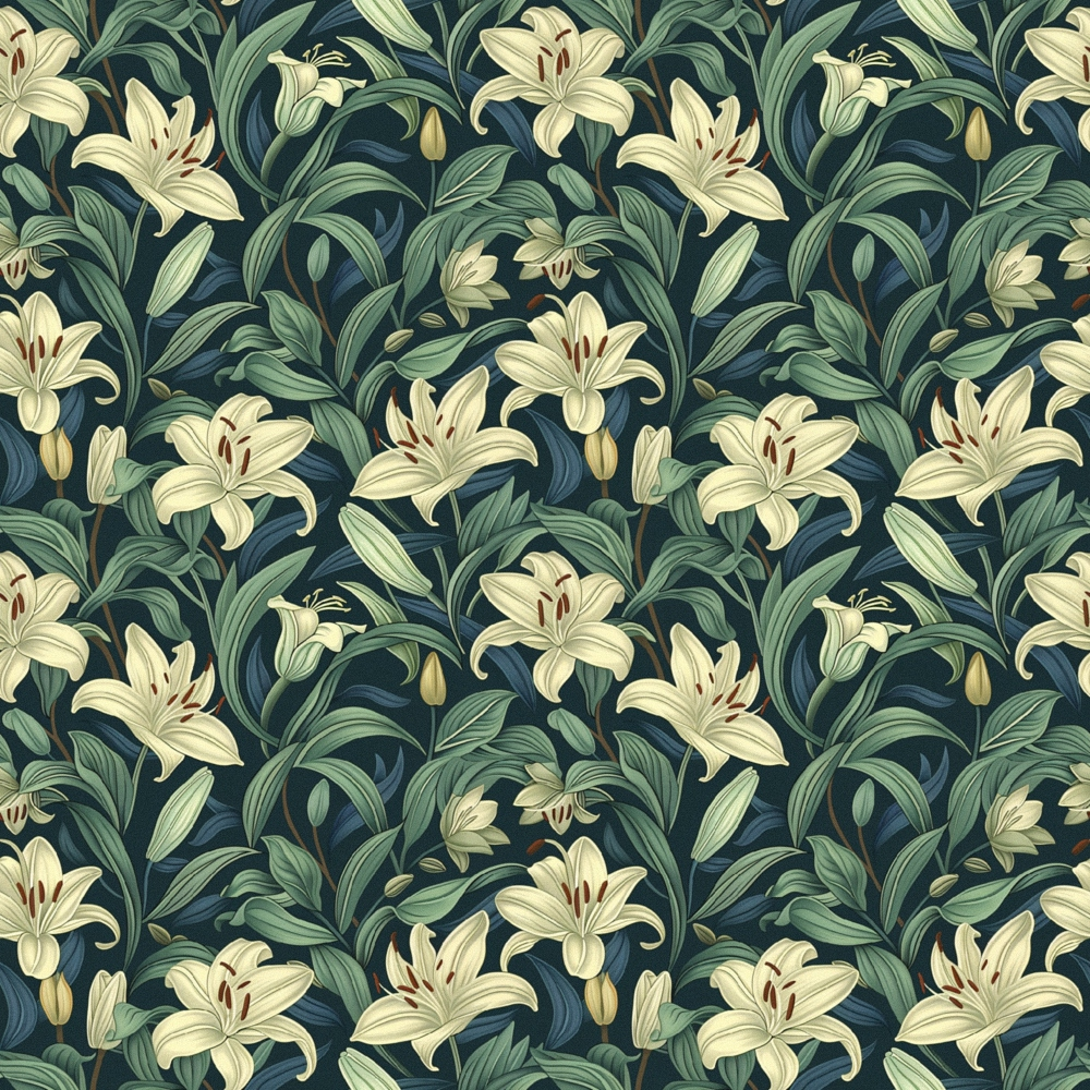 cream lilies, sage green leaves, navy blue background, floral pattern, botanical design, repeating motif, lily flowers, garden blooms, vintage style,, fabric panel, nature inspired, elegant florals, muted tones, seamless repeat, foliage elements, romantic mood, soft pastels, heritage garden, flowering plants