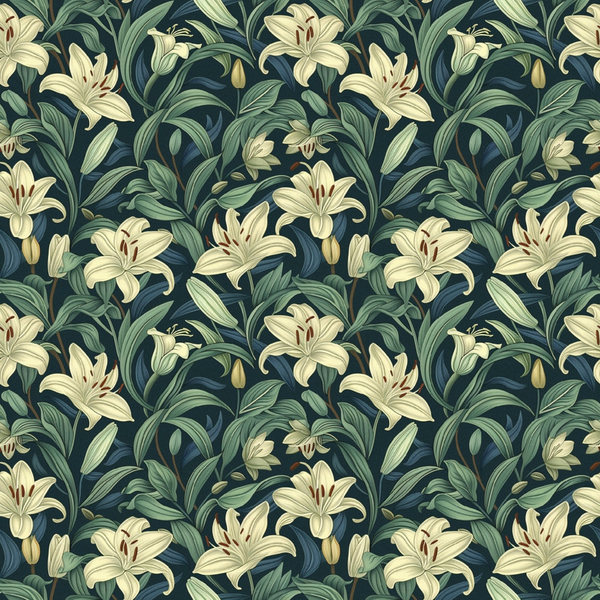 cream lilies, sage green leaves, navy blue background, floral pattern, botanical design, repeating motif, lily flowers, garden blooms, vintage style,, fabric panel, nature inspired, elegant florals, muted tones, seamless repeat, foliage elements, romantic mood, soft pastels, heritage garden, flowering plants