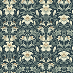 navy blue, cream white, sage green, rust orange, lily flowers, floral motif, damask pattern, botanical design, ornate scrollwork, symmetrical repeat, vintage style,, fabric panel, decorative flourishes, elegant blooms, heritage pattern, formal garden, intricate details, muted tones, textile art
