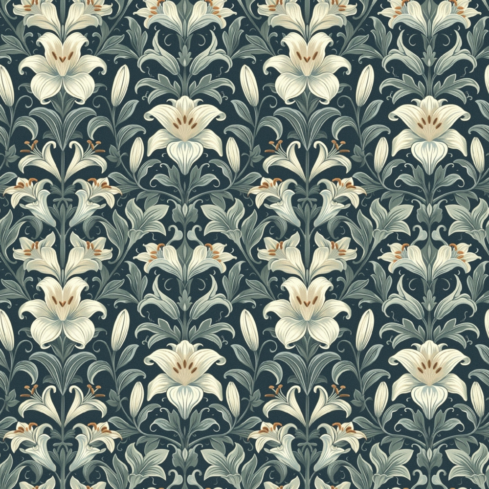 navy blue, cream white, sage green, rust orange, lily flowers, floral motif, damask pattern, botanical design, ornate scrollwork, symmetrical repeat, vintage style,, fabric panel, decorative flourishes, elegant blooms, heritage pattern, formal garden, intricate details, muted tones, textile art