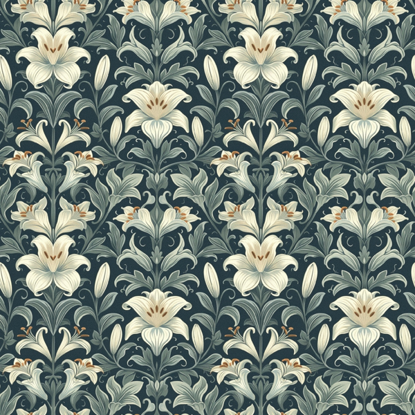 navy blue, cream white, sage green, rust orange, lily flowers, floral motif, damask pattern, botanical design, ornate scrollwork, symmetrical repeat, vintage style,, fabric panel, decorative flourishes, elegant blooms, heritage pattern, formal garden, intricate details, muted tones, textile art