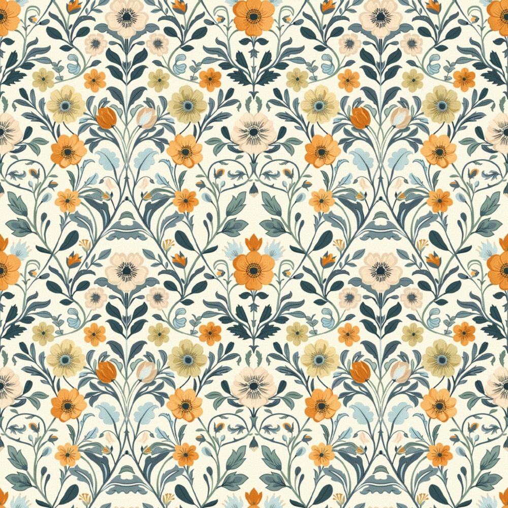 cream background, orange flowers, yellow blooms, sage green leaves, teal foliage, floral pattern, botanical design, repeating motif, vintage style, folk art,, fabric panel, nature inspired, garden theme, decorative flowers, ornamental design, textile pattern, crafting material, sewing fabric, heritage design