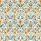 cream background, orange flowers, yellow blooms, sage green leaves, teal foliage, floral pattern, botanical design, repeating motif, vintage style, folk art,, fabric panel, nature inspired, garden theme, decorative flowers, ornamental design, textile pattern, crafting material, sewing fabric, heritage design