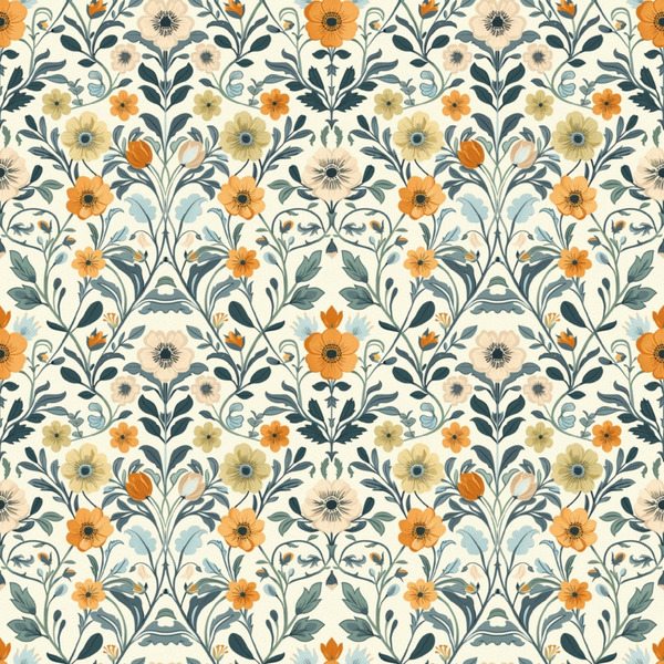cream background, orange flowers, yellow blooms, sage green leaves, teal foliage, floral pattern, botanical design, repeating motif, vintage style, folk art,, fabric panel, nature inspired, garden theme, decorative flowers, ornamental design, textile pattern, crafting material, sewing fabric, heritage design