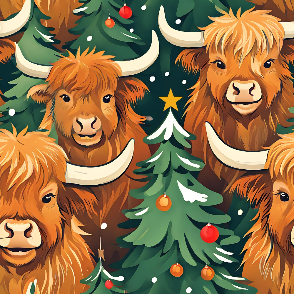 highland cattle, christmas trees, orange fur, russet brown, forest green, cream horns, red ornaments, gold star, white snow dots, festive pattern, scottish cows, holiday fabric,, fabric panel, winter theme, christmas decor, bovine design, seasonal motif, decorative ornaments, illustrated style