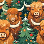 highland cattle, christmas trees, orange fur, russet brown, forest green, cream horns, red ornaments, gold star, white snow dots, festive pattern, scottish cows, holiday fabric,, fabric panel, winter theme, christmas decor, bovine design, seasonal motif, decorative ornaments, illustrated style