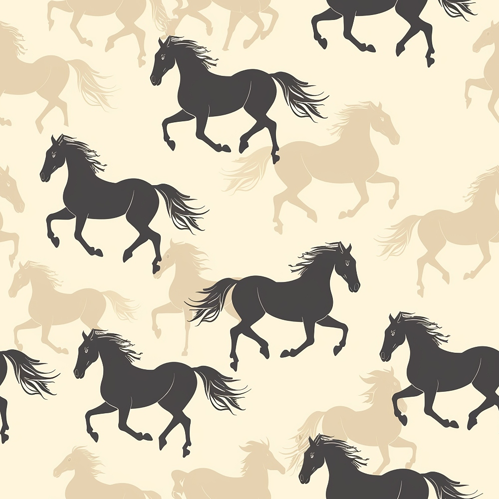 cream background, beige horses, black horses, galloping horses, silhouette style, running motion, flowing manes, equestrian theme, neutral palette, repeating pattern,, fabric panel, horse parade, artistic silhouettes, tan shades, seamless design, western motif, animal print, cotton fabric
