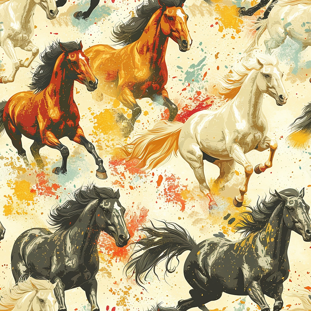 horses, galloping horses, orange, yellow, white, black, cream, watercolor splashes, paint splatters, wild horses, running horses, flowing manes, dynamic movement, artistic style,, fabric panel, equestrian theme, colorful horses, abstract background, horse pattern